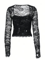 Lace-Trim Square-Neck Flare-Sleeve Top
