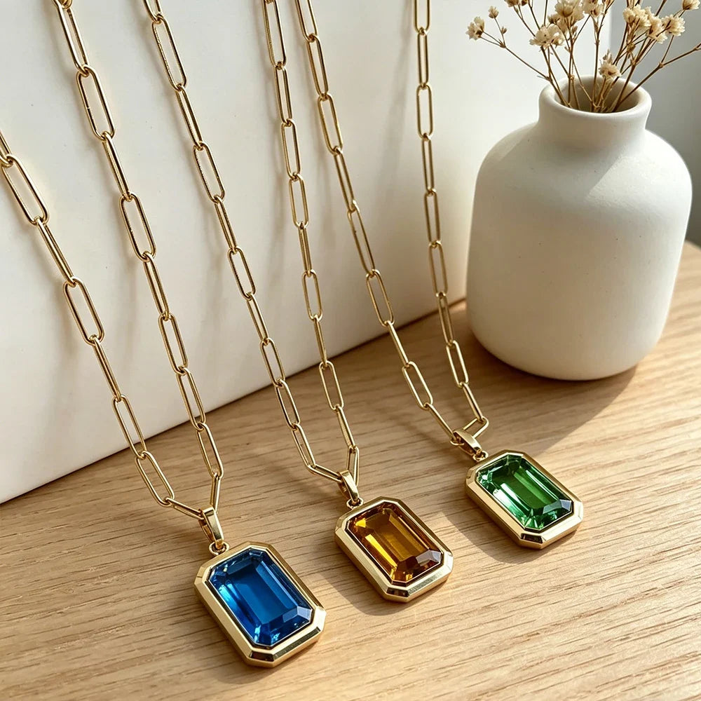 Emerald-Cut Crystal Pendant Necklace