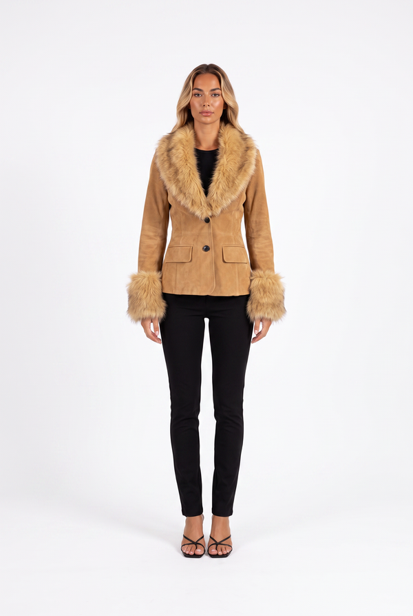 Faux Suede Blazer with Faux Fur Collar