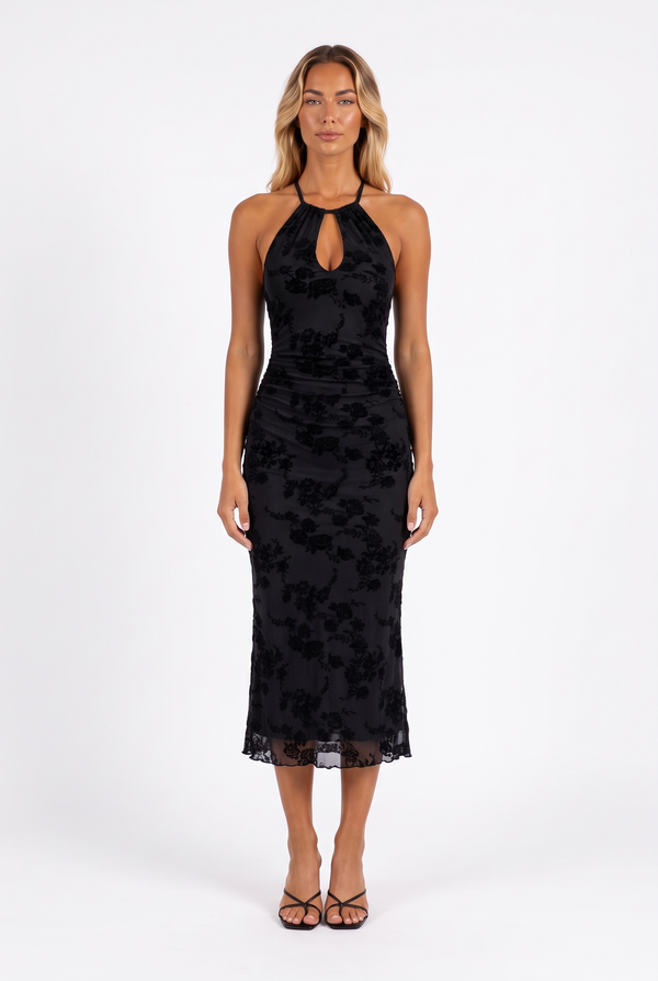Flocked Floral Halter Midi Dress