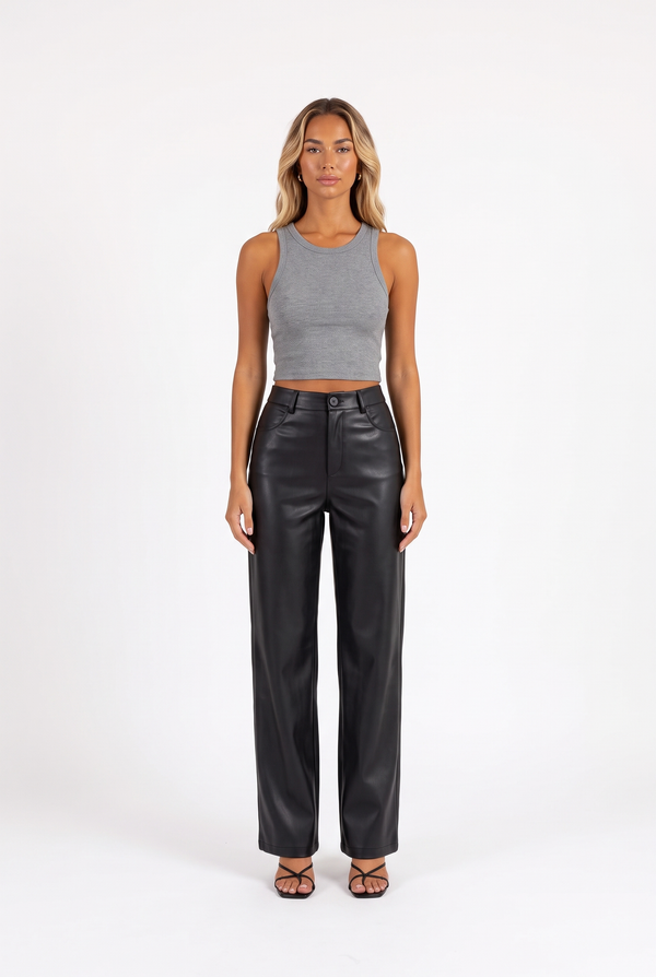 Faux Leather High-Waist Straight-Leg Pants