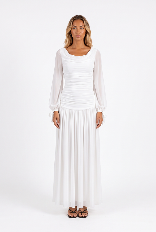 Draped Cowl-Neck Bishop-Sleeve Maxi Dress