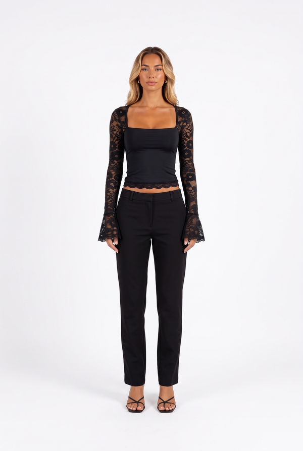 Lace-Trim Square-Neck Flare-Sleeve Top