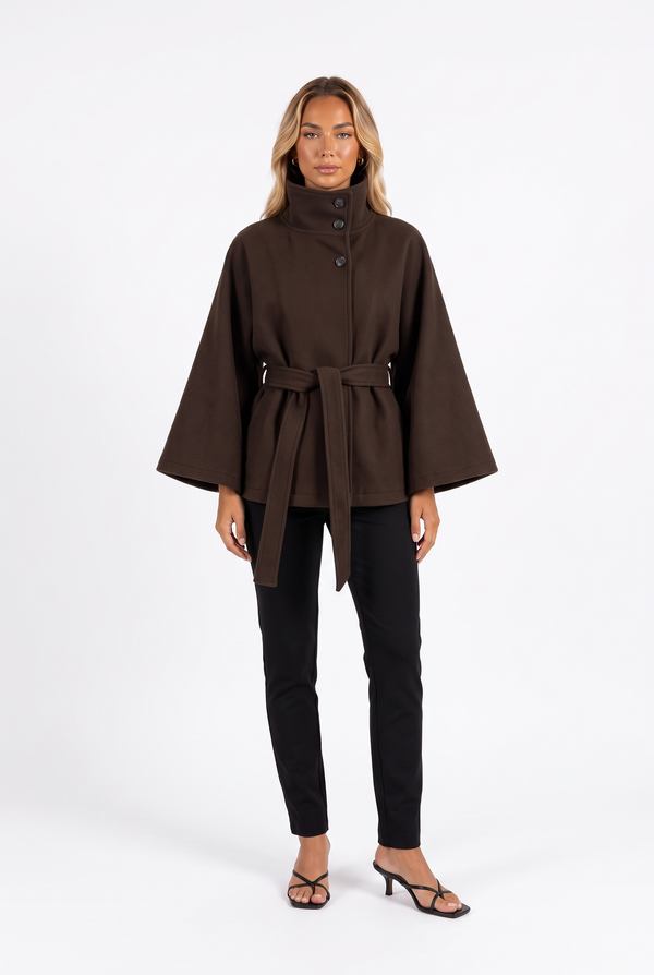 Belted Cape Jacket with Funnel Collar