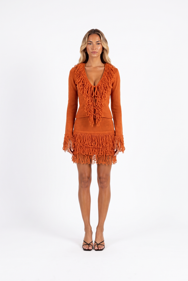 Fringe-Trim Knit Top and Mini Skirt Set