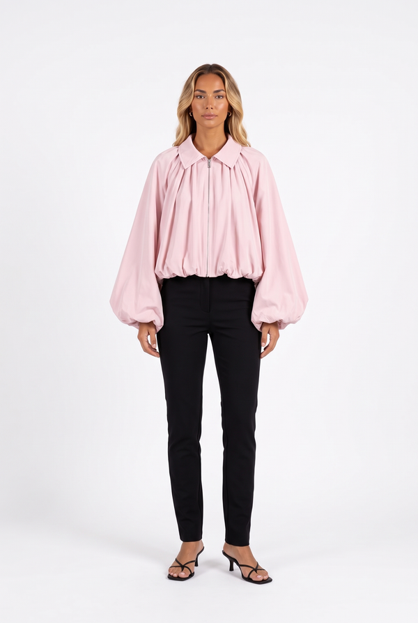 Ruched Puff-Sleeve Zip Bomber Jacket