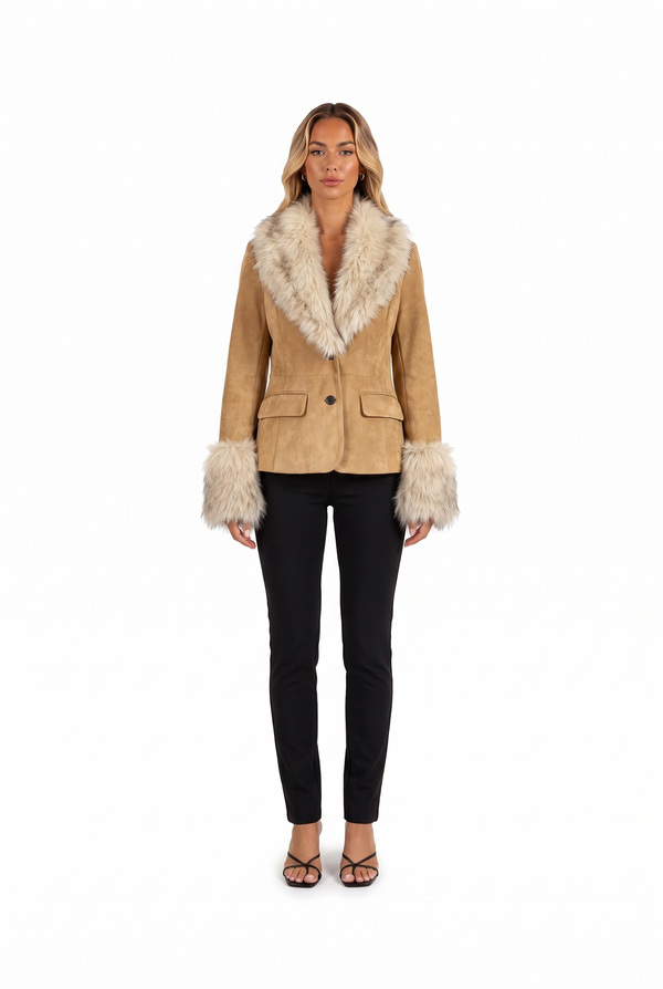 Fitted Faux Suede Blazer with Fur-Effect Trim