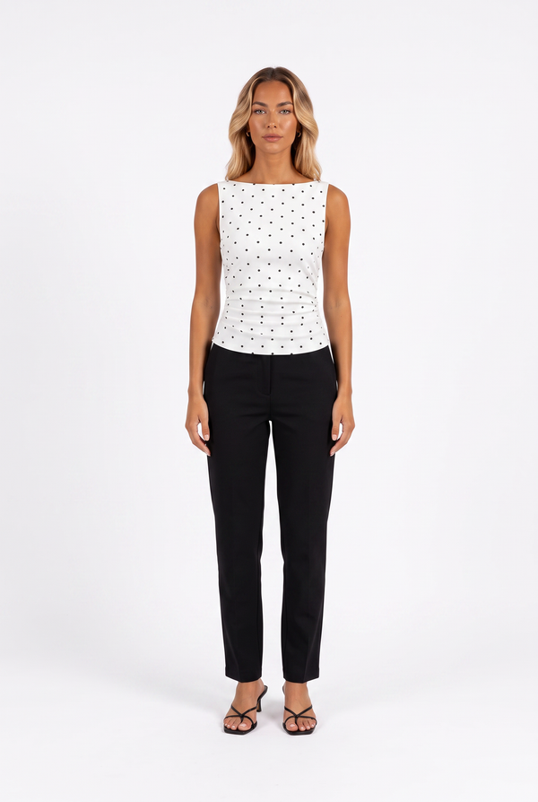 Polka Dot Boat-Neck Tie-Back Crop Top