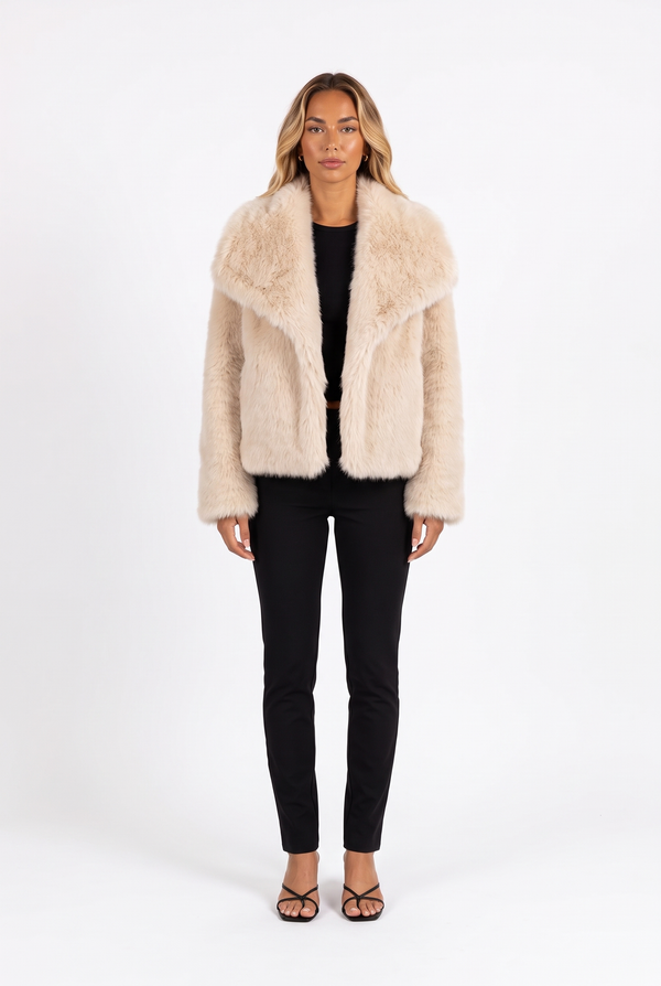 Cream Faux Fur Coat with Oversized Shawl Collar