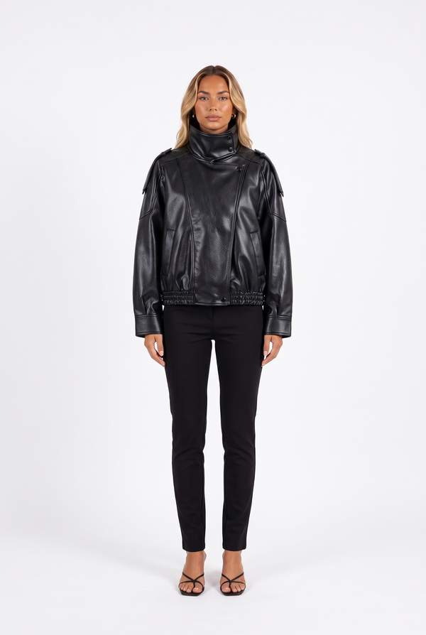 Cropped Faux Leather Bomber with Funnel Collar