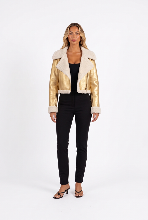 Cropped Moto Jacket with Faux Shearling Trim