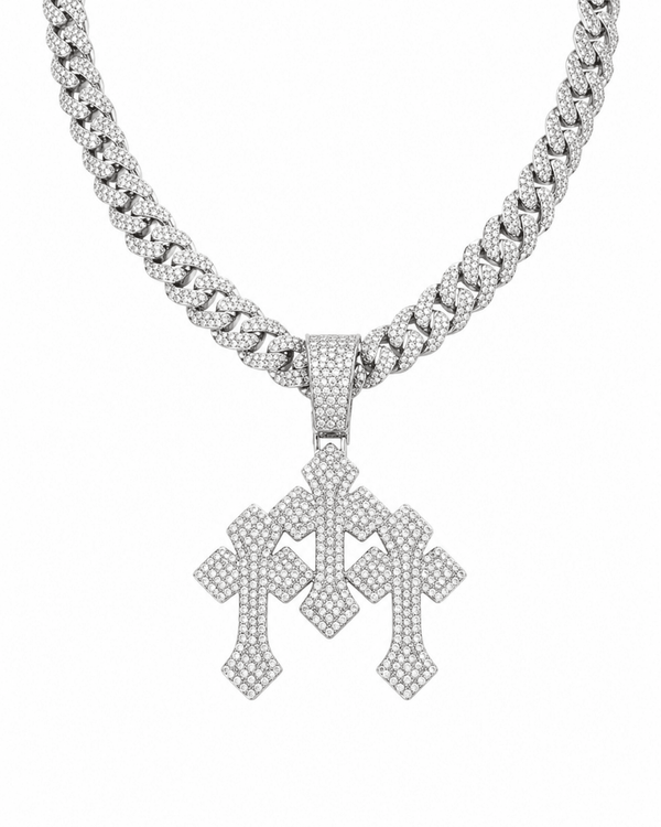 Triple Cross Iced Pendant Silver